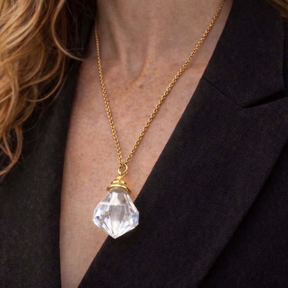 Gold Tone Faux Crystal Drop Pendant Necklace 28" Chain - Picture 2 of 7